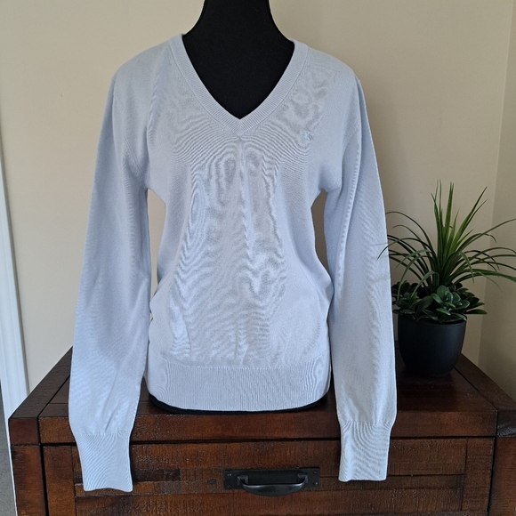 Calvin Klein Jeans V-Neck Sweater Women's Small Pale Blue Cotton Knit Top - Picture 2 of 13